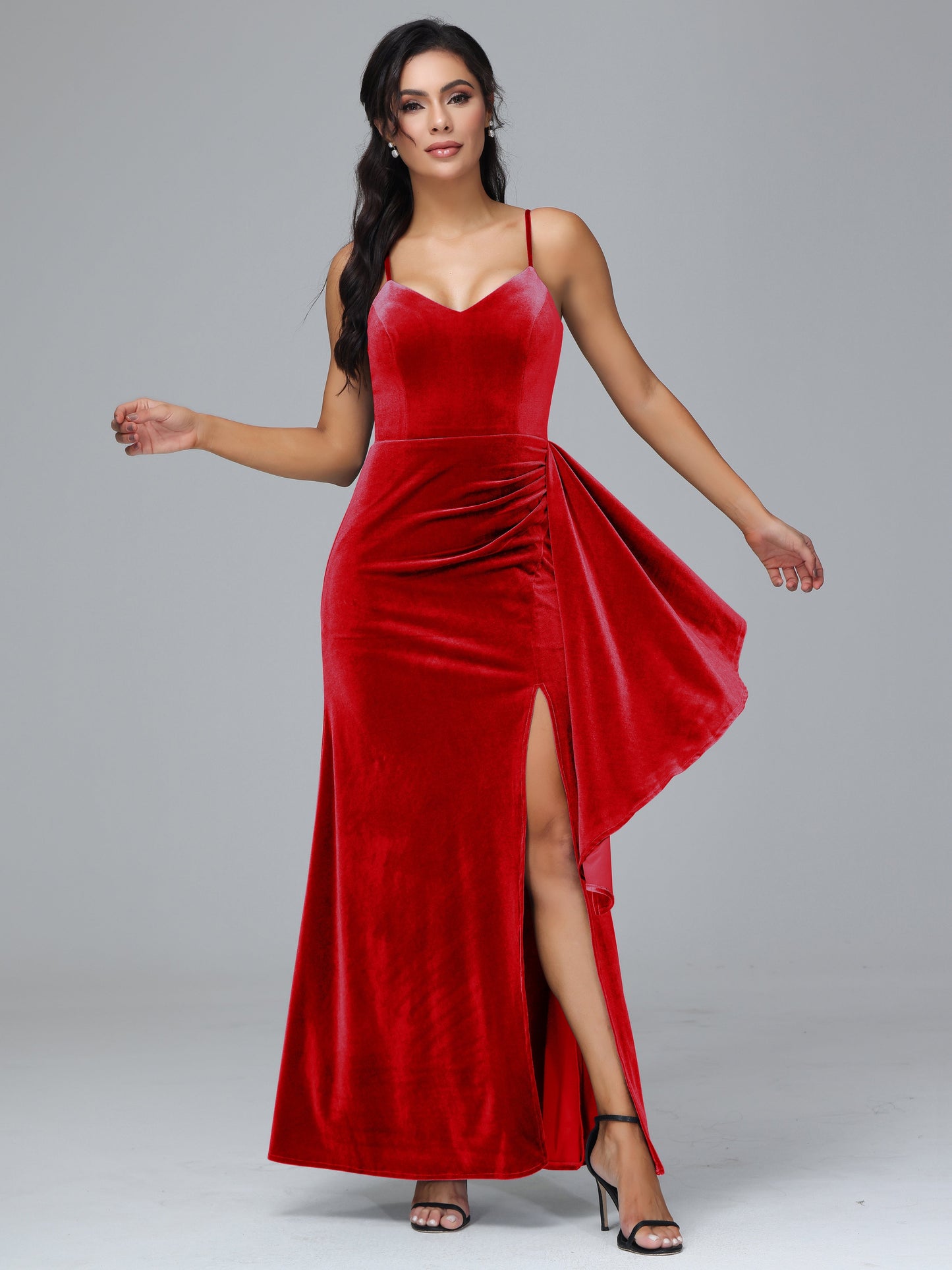 Spaghetti Straps V Neck Plus Size Velvet Bridesmaid Dress With Slit