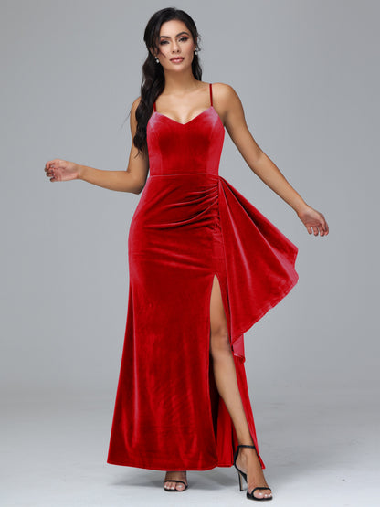 Spaghetti Straps V Neck Plus Size Velvet Bridesmaid Dress With Slit