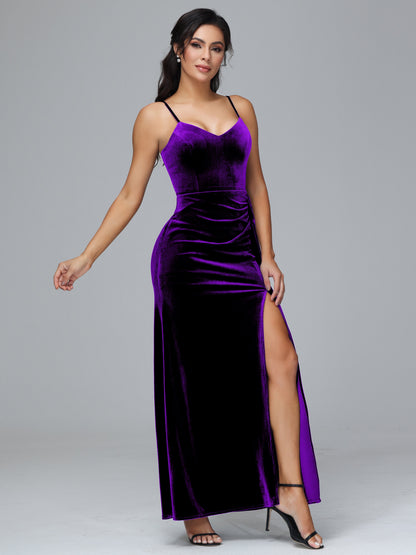 Spaghetti Straps V Neck Plus Size Velvet Bridesmaid Dress With Slit