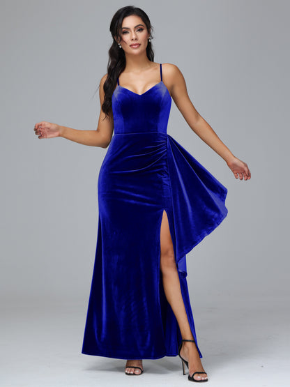 Spaghetti Straps V Neck Plus Size Velvet Bridesmaid Dress With Slit