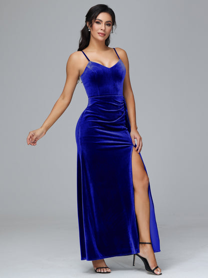 Spaghetti Straps V Neck Plus Size Velvet Bridesmaid Dress With Slit
