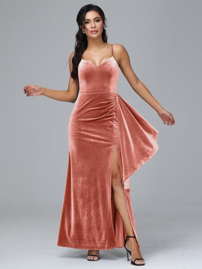 Spaghetti Straps V Neck Velvet Bridesmaid Dress With Slit