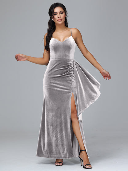 Spaghetti Straps V Neck Velvet Bridesmaid Dress With Slit