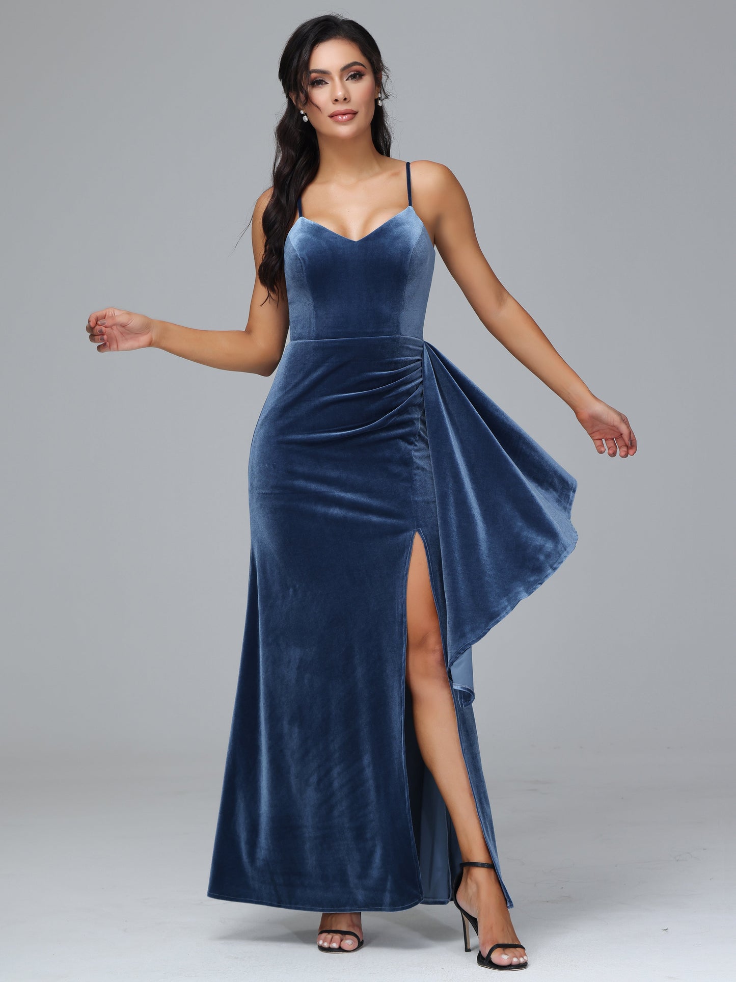 Spaghetti Straps V Neck Velvet Bridesmaid Dress With Slit