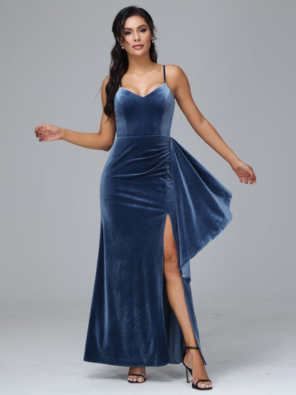 Spaghetti Straps V Neck Velvet Bridesmaid Dress With Slit