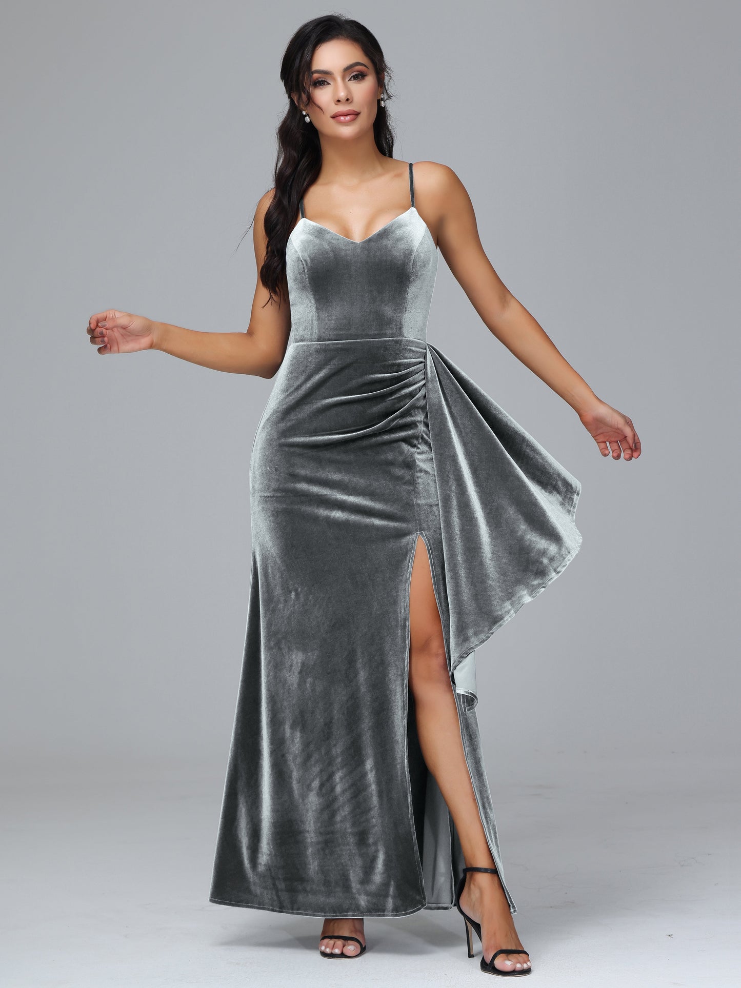 Spaghetti Straps V Neck Plus Size Velvet Bridesmaid Dress With Slit