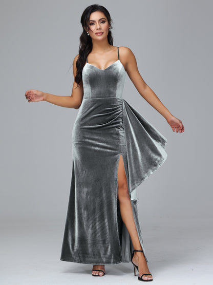 Spaghetti Straps V Neck Plus Size Velvet Bridesmaid Dress With Slit