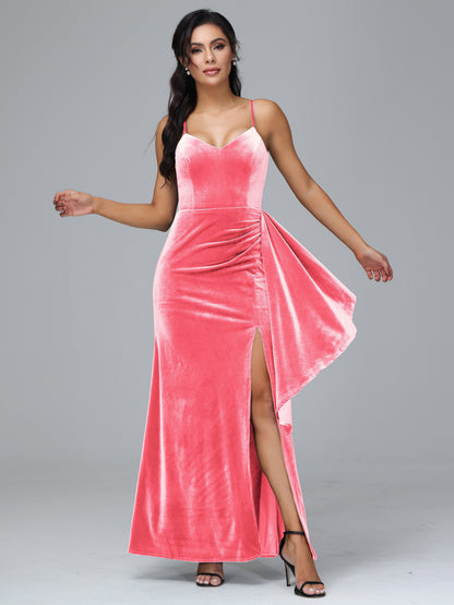 Spaghetti Straps V Neck Velvet Bridesmaid Dress With Slit