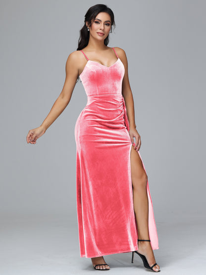 Spaghetti Straps V Neck Plus Size Velvet Bridesmaid Dress With Slit