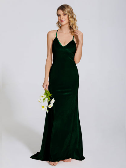 Sloane Spaghetti Straps Velvet Trumpet Bridesmaid Dress