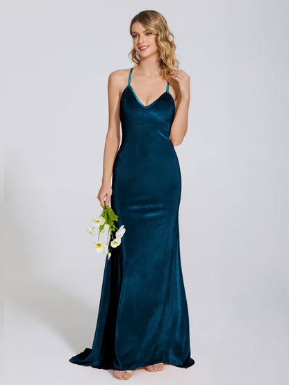 Sloane Spaghetti Straps Velvet Trumpet Bridesmaid Dress