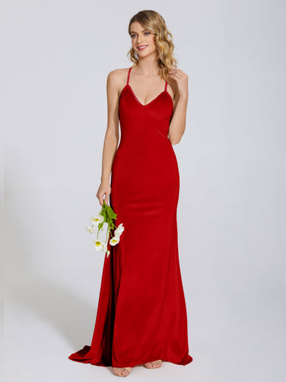 Sloane Spaghetti Straps Velvet Trumpet Bridesmaid Dress