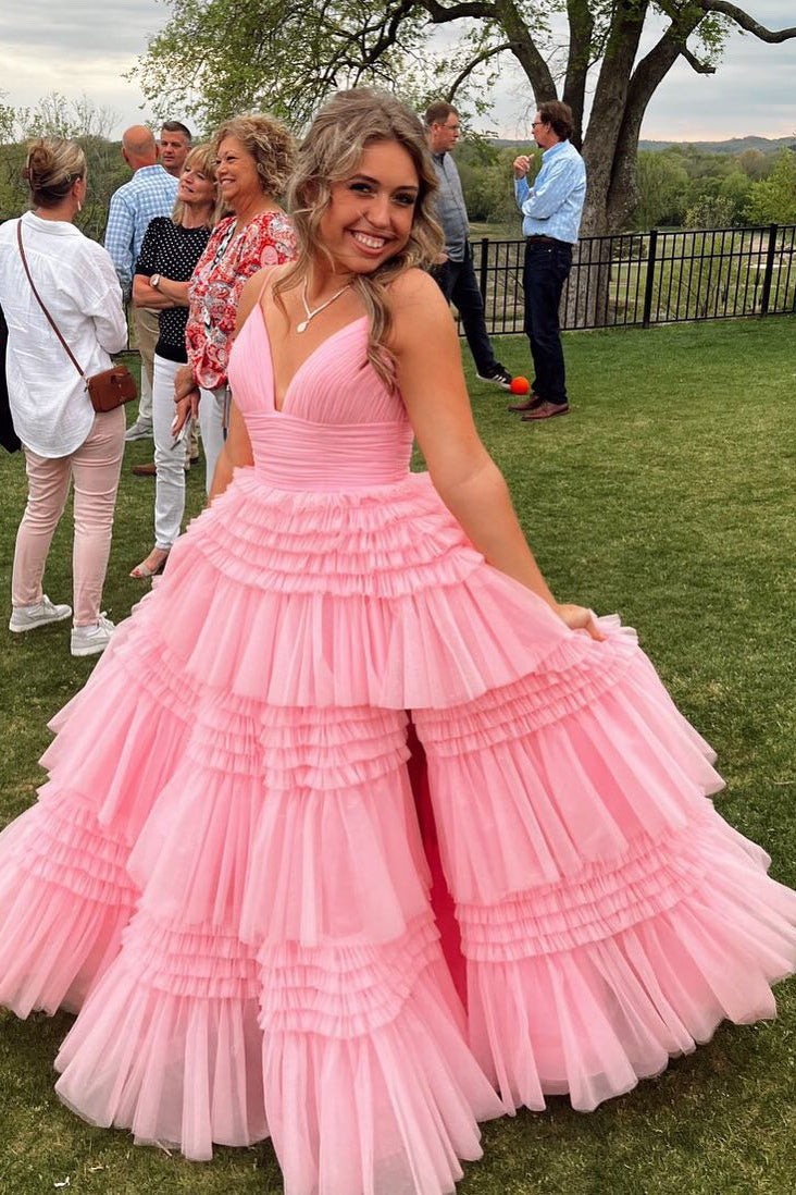 Pink Tiered Ruffle Long Ball Gown with Straps
