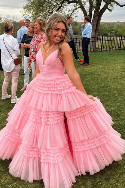 Pink Tiered Ruffle Long Ball Gown with Straps