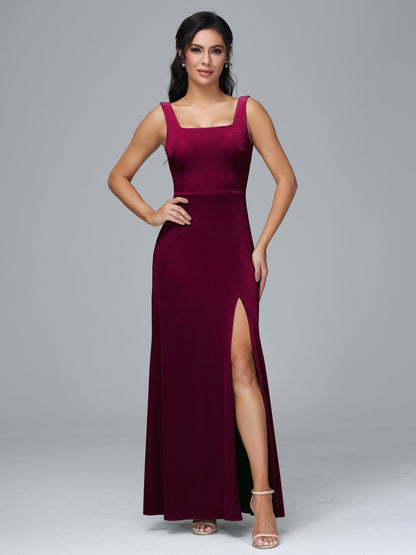 Square Neck Velvet Bridesmaid Dress With Slit