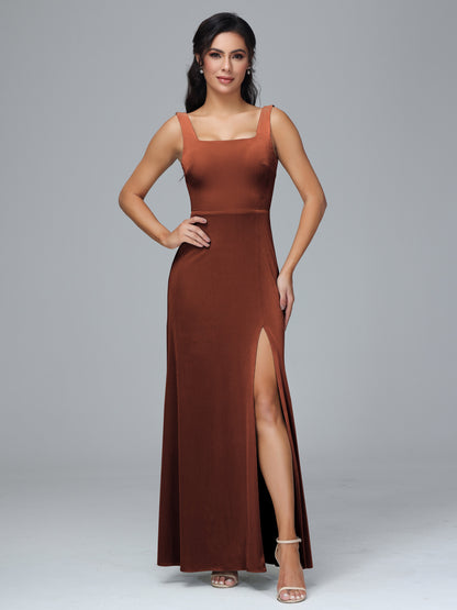 Square Neck Velvet Bridesmaid Dress With Slit