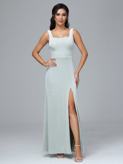 Square Neck Plus Size Velvet Bridesmaid Dress With Slit