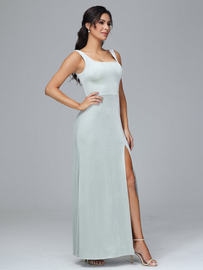 Square Neck Plus Size Velvet Bridesmaid Dress With Slit