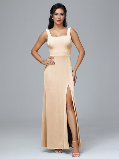 Square Neck Velvet Bridesmaid Dress With Slit