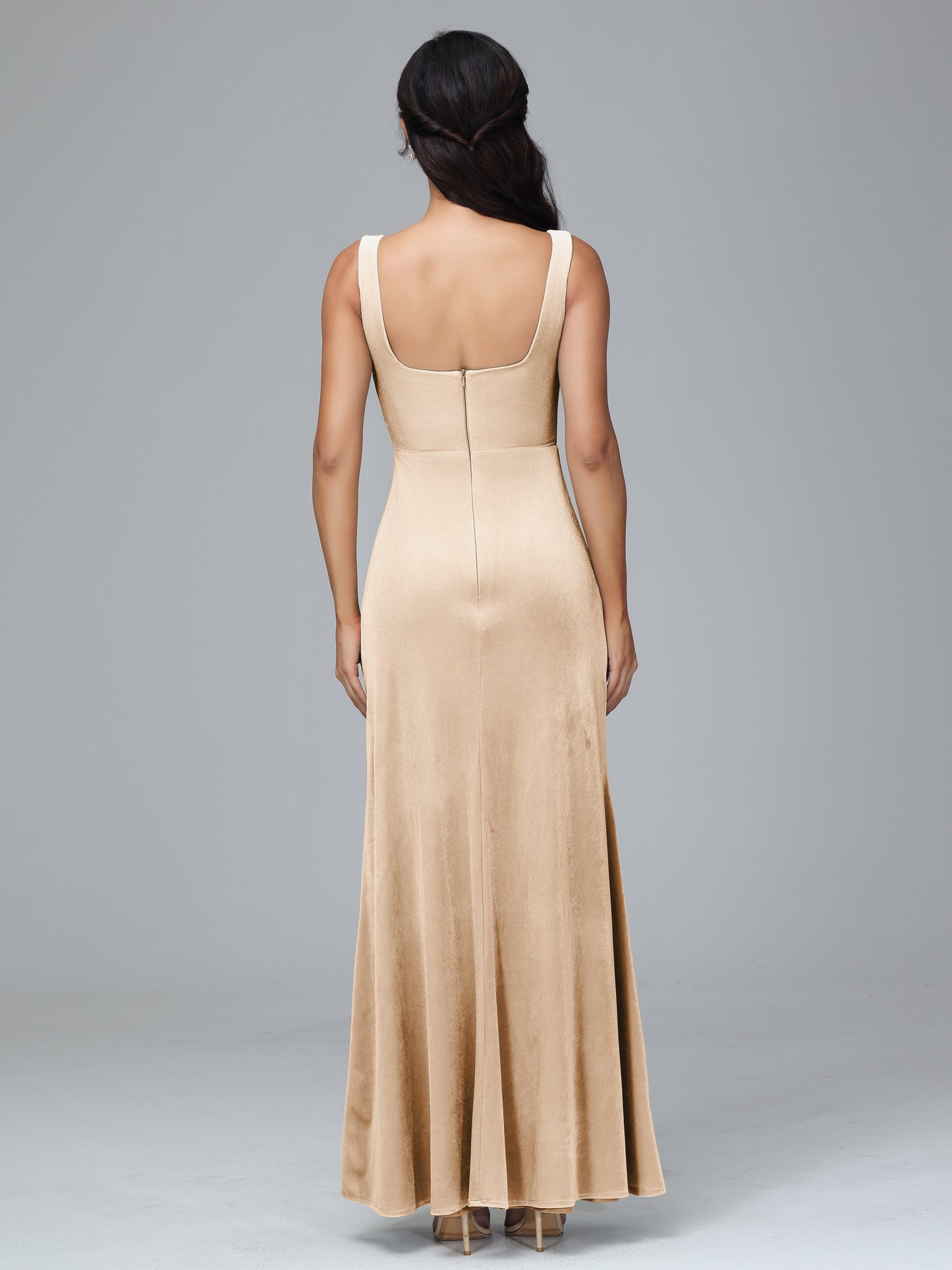 Square Neck Velvet Bridesmaid Dress With Slit