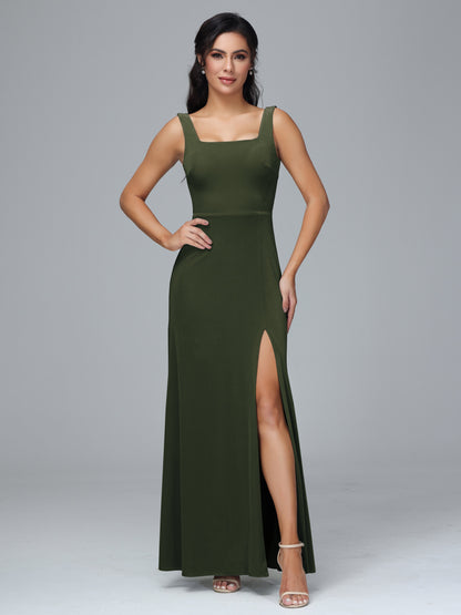 Square Neck Velvet Bridesmaid Dress With Slit