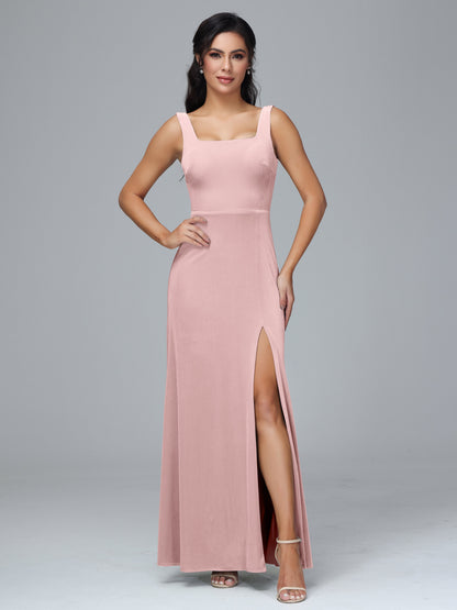 Square Neck Velvet Bridesmaid Dress With Slit