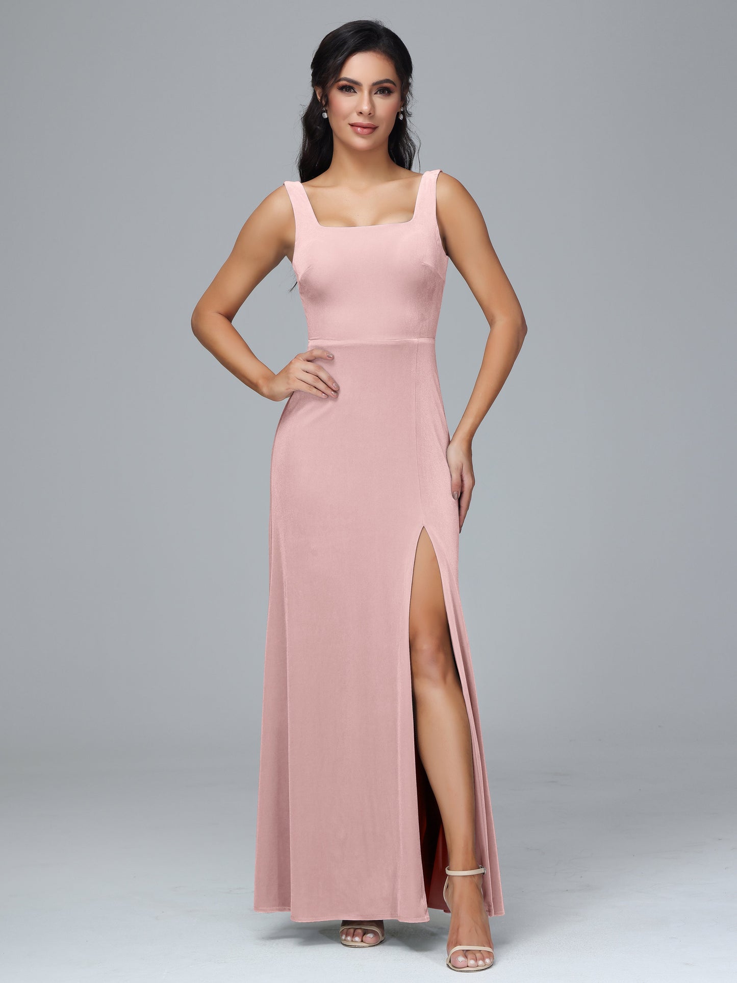 Square Neck Plus Size Velvet Bridesmaid Dress With Slit
