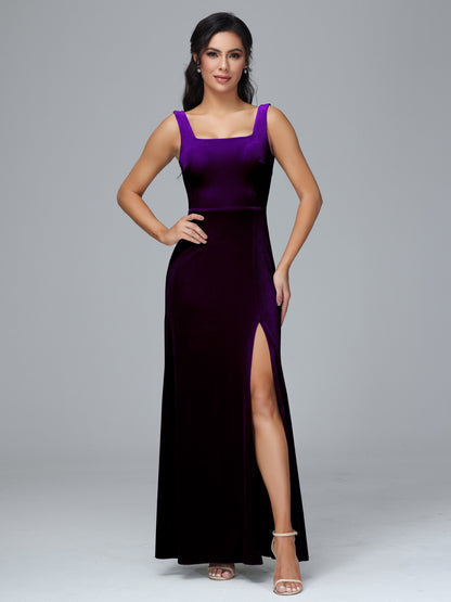 Square Neck Velvet Bridesmaid Dress With Slit