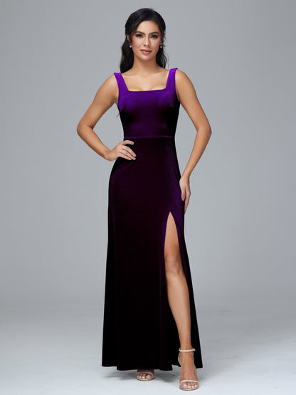 Square Neck Plus Size Velvet Bridesmaid Dress With Slit