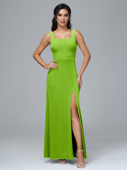 Square Neck Plus Size Velvet Bridesmaid Dress With Slit
