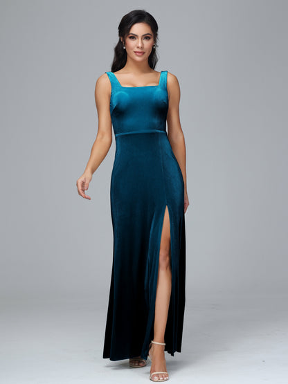 Square Neck Plus Size Velvet Bridesmaid Dress With Slit