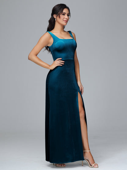 Square Neck Plus Size Velvet Bridesmaid Dress With Slit