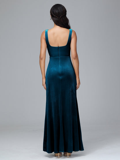 Square Neck Plus Size Velvet Bridesmaid Dress With Slit