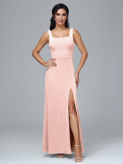 Square Neck Plus Size Velvet Bridesmaid Dress With Slit