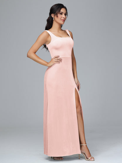 Square Neck Velvet Bridesmaid Dress With Slit