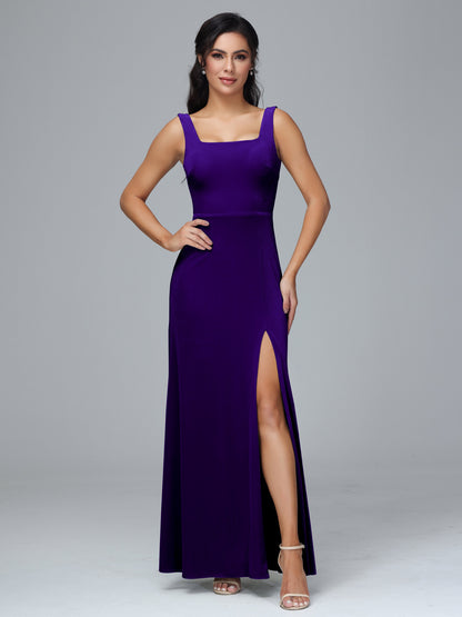 Square Neck Velvet Bridesmaid Dress With Slit