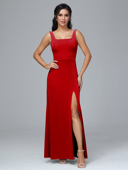 Square Neck Velvet Bridesmaid Dress With Slit