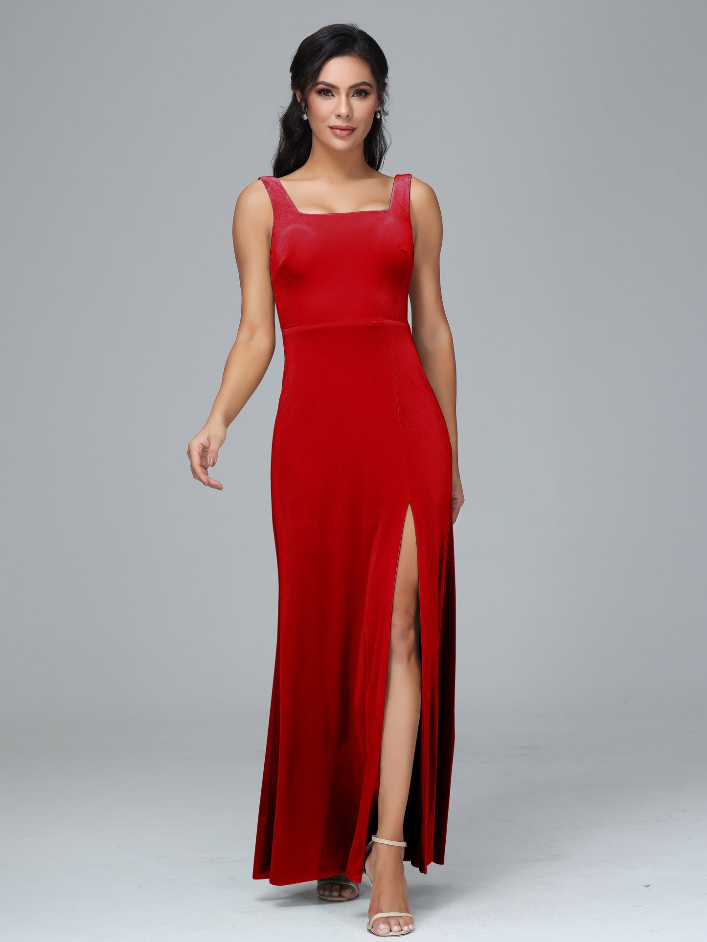 Square Neck Velvet Bridesmaid Dress With Slit