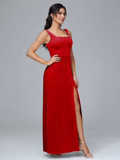Square Neck Velvet Bridesmaid Dress With Slit