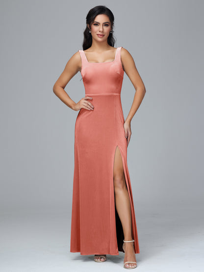 Square Neck Velvet Bridesmaid Dress With Slit