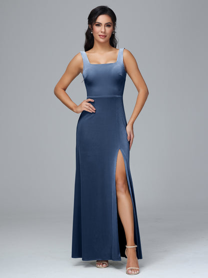 Square Neck Velvet Bridesmaid Dress With Slit