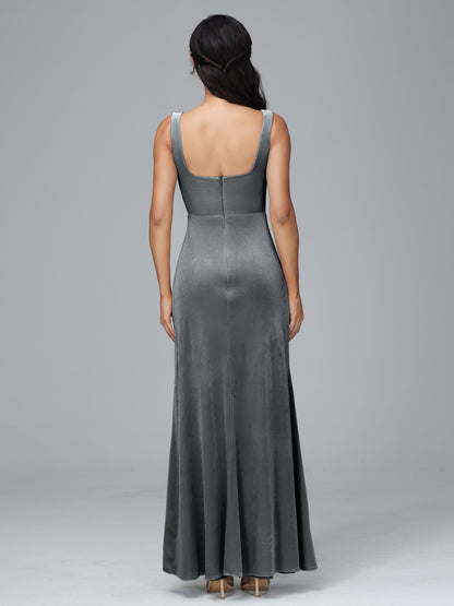 Square Neck Velvet Bridesmaid Dress With Slit