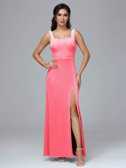 Square Neck Velvet Bridesmaid Dress With Slit