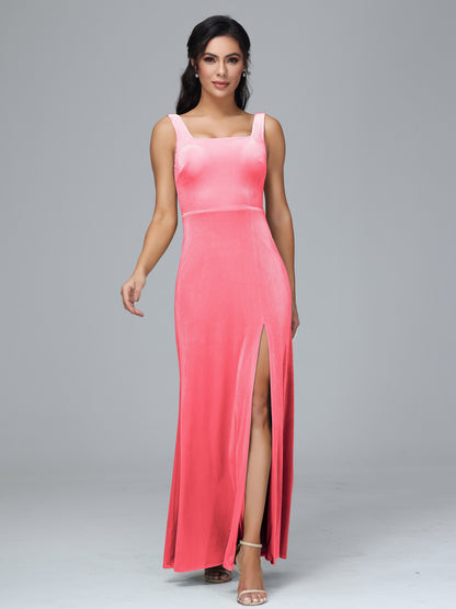 Square Neck Velvet Bridesmaid Dress With Slit