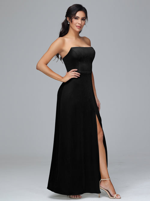 Strapless Plus Size Velvet Bridesmaid Dress With Slit