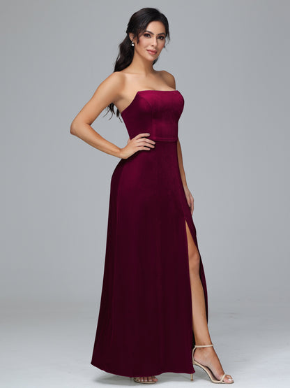 Strapless Plus Size Velvet Bridesmaid Dress With Slit