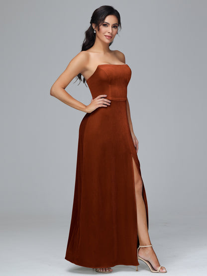 Strapless Plus Size Velvet Bridesmaid Dress With Slit