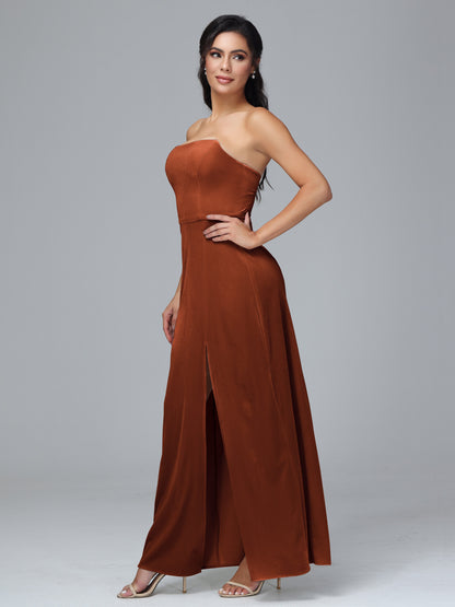 Strapless Plus Size Velvet Bridesmaid Dress With Slit