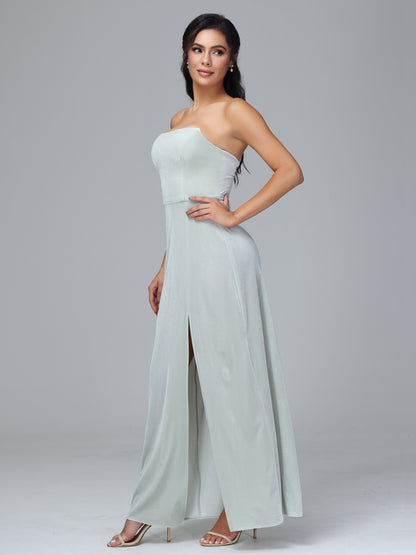 Strapless Plus Size Velvet Bridesmaid Dress With Slit