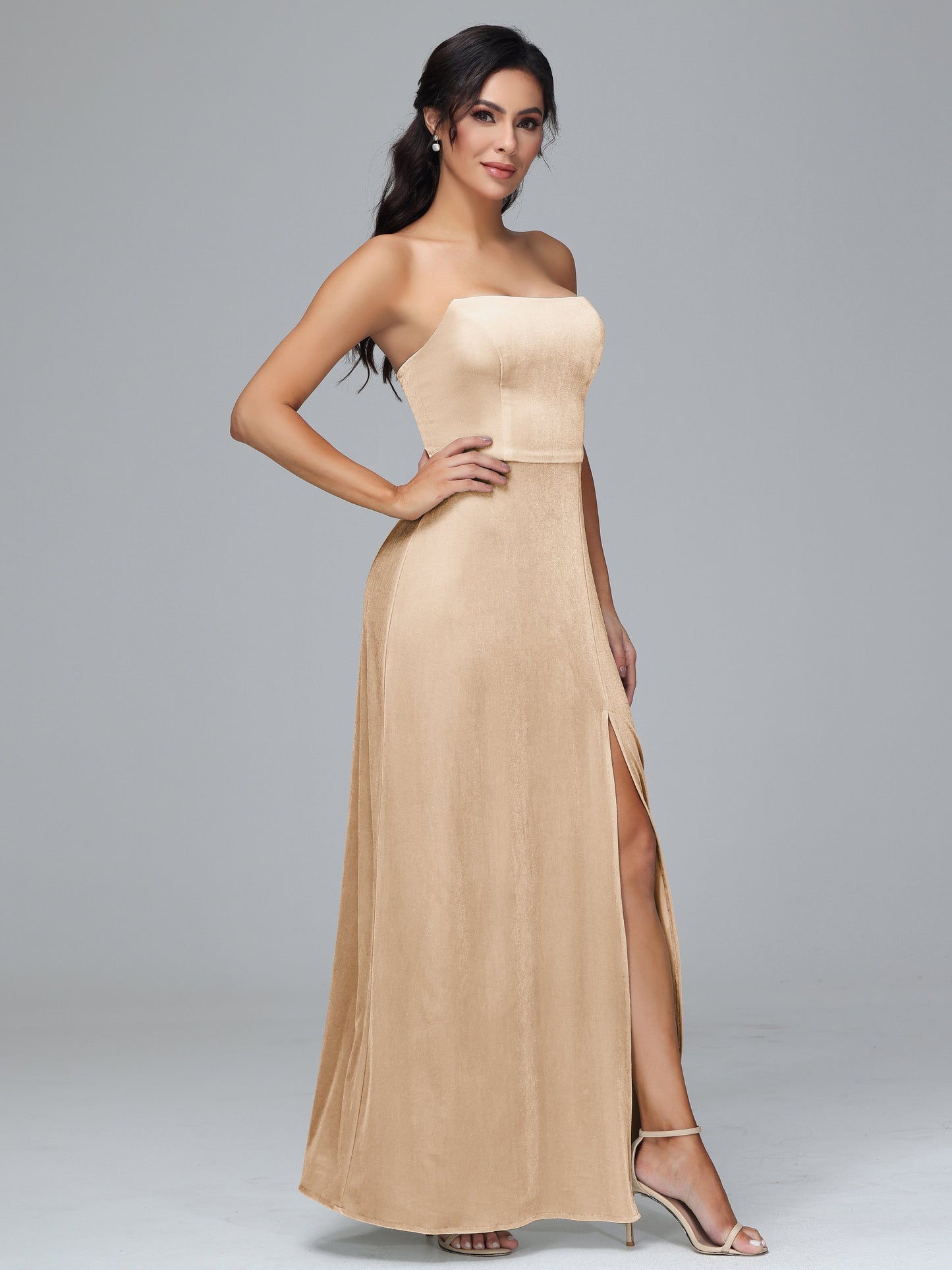 Strapless Plus Size Velvet Bridesmaid Dress With Slit
